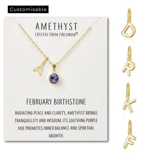 Customisable Gold Plated February (Amethyst) Birthstone Necklace with Choice of Initial Charms (A - Z) - Philip Jones Jewellery