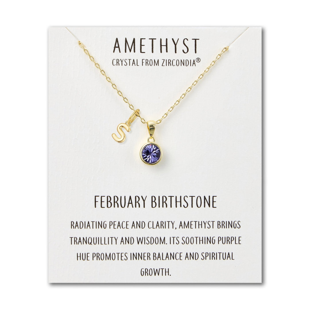 Customisable Gold Plated February (Amethyst) Birthstone Necklace with Choice of Initial Charms (A - Z) - Philip Jones Jewellery