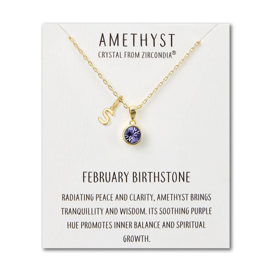 Customisable Gold Plated February (Amethyst) Birthstone Necklace with Choice of Initial Charms (A - Z) - Philip Jones Jewellery