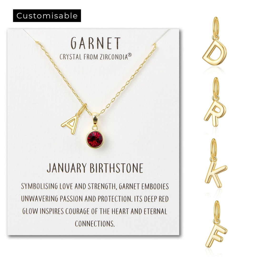 Customisable Gold Plated January (Garnet) Birthstone Necklace with Choice of Initial Charms (A - Z) - Philip Jones Jewellery