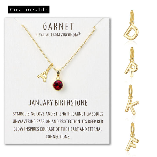 Customisable Gold Plated January (Garnet) Birthstone Necklace with Choice of Initial Charms (A - Z) - Philip Jones Jewellery