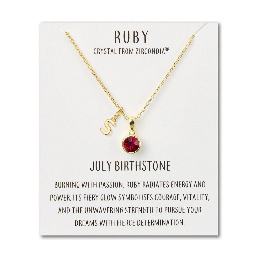 Customisable Gold Plated July (Ruby) Birthstone Necklace with Choice of Initial Charms (A - Z) - Philip Jones Jewellery