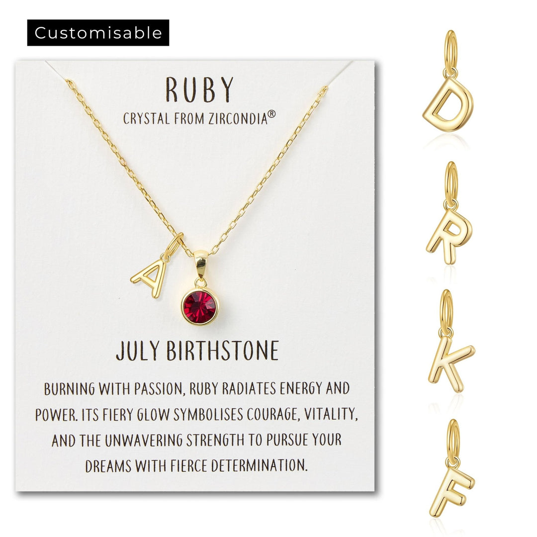 Customisable Gold Plated July (Ruby) Birthstone Necklace with Choice of Initial Charms (A - Z) - Philip Jones Jewellery