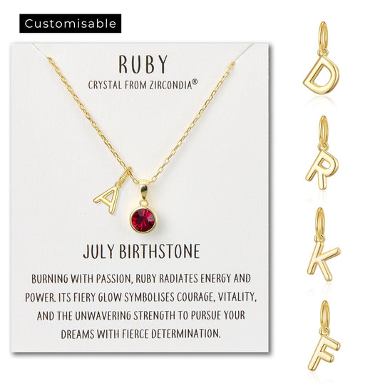 Customisable Gold Plated July (Ruby) Birthstone Necklace with Choice of Initial Charms (A - Z) - Philip Jones Jewellery