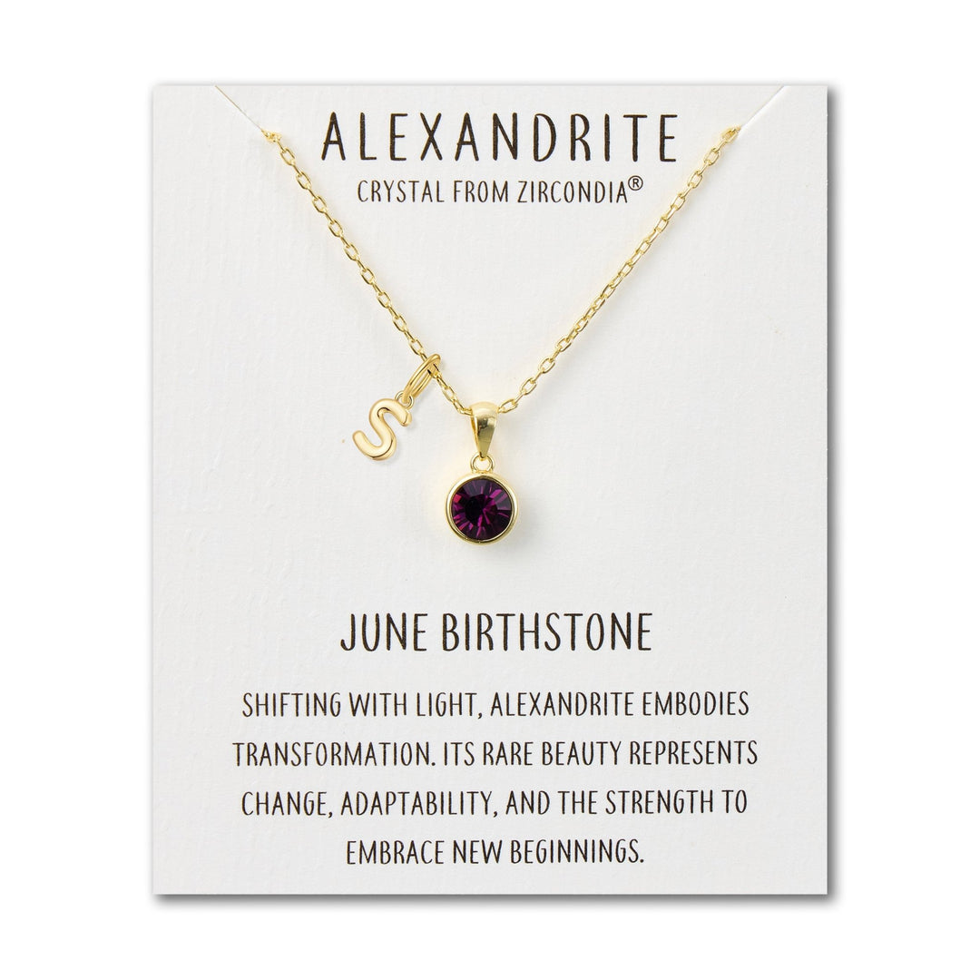 Customisable Gold Plated June (Alexandrite) Birthstone Necklace with Choice of Initial Charms (A - Z) - Philip Jones Jewellery
