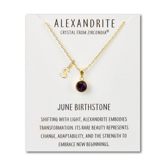 Customisable Gold Plated June (Alexandrite) Birthstone Necklace with Choice of Initial Charms (A - Z) - Philip Jones Jewellery