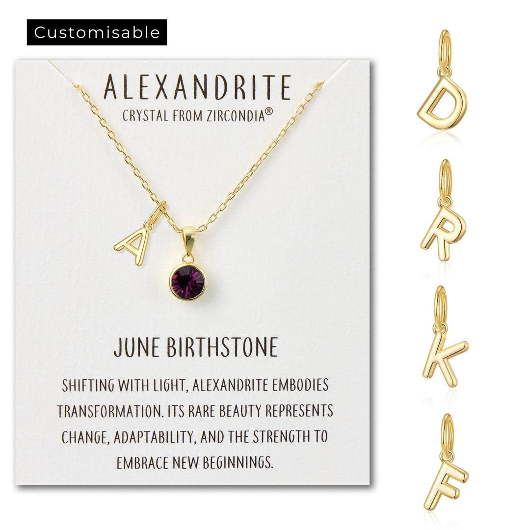 Customisable Gold Plated June (Alexandrite) Birthstone Necklace with Choice of Initial Charms (A - Z) - Philip Jones Jewellery