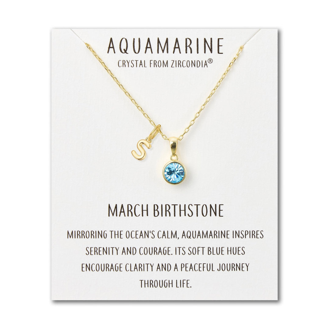 Customisable Gold Plated March (Aquamarine) Birthstone Necklace with Choice of Initial Charms (A - Z) - Philip Jones Jewellery