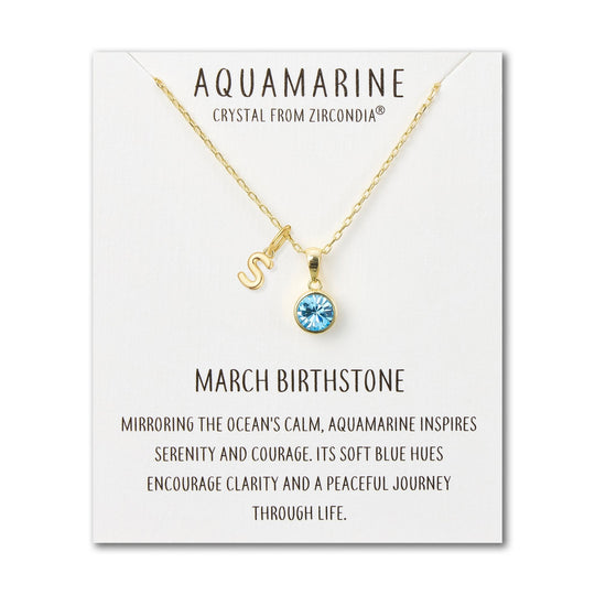 Customisable Gold Plated March (Aquamarine) Birthstone Necklace with Choice of Initial Charms (A - Z) - Philip Jones Jewellery