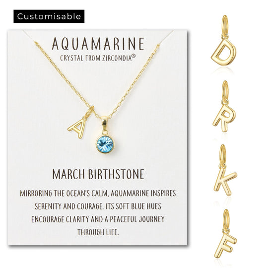 Customisable Gold Plated March (Aquamarine) Birthstone Necklace with Choice of Initial Charms (A - Z) - Philip Jones Jewellery