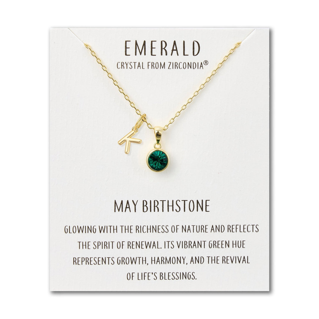 Customisable Gold Plated May (Emerald) Birthstone Necklace with Choice of Initial Charms (A - Z) - Philip Jones Jewellery