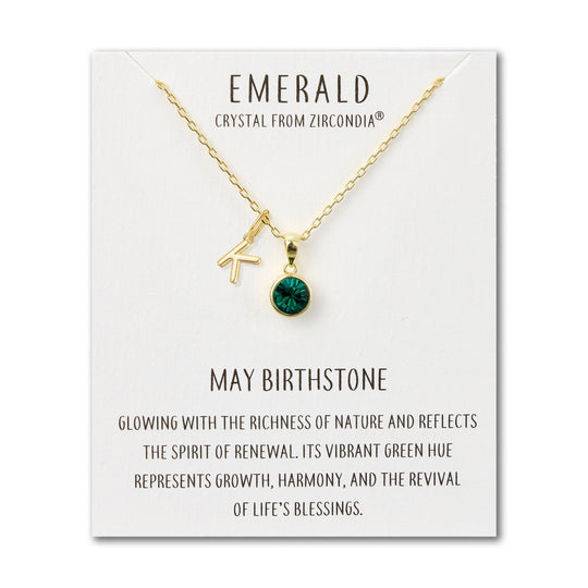 Customisable Gold Plated May (Emerald) Birthstone Necklace with Choice of Initial Charms (A - Z) - Philip Jones Jewellery