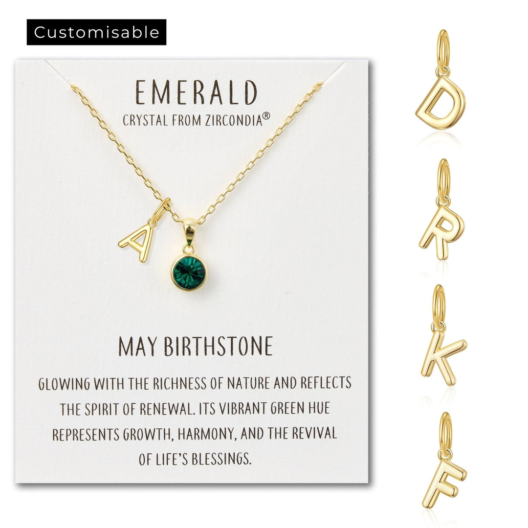 Customisable Gold Plated May (Emerald) Birthstone Necklace with Choice of Initial Charms (A - Z) - Philip Jones Jewellery