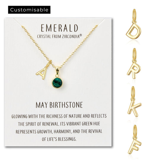 Customisable Gold Plated May (Emerald) Birthstone Necklace with Choice of Initial Charms (A - Z) - Philip Jones Jewellery