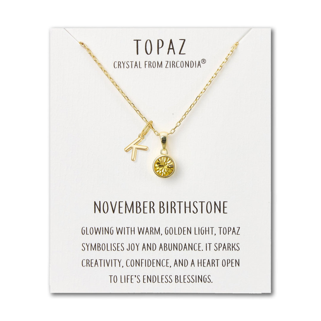 Customisable Gold Plated November (Topaz) Birthstone Necklace with Choice of Initial Charms (A - Z) - Philip Jones Jewellery