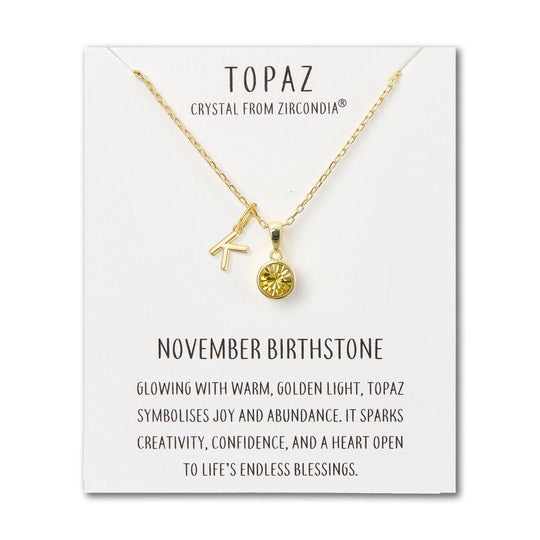 Customisable Gold Plated November (Topaz) Birthstone Necklace with Choice of Initial Charms (A - Z) - Philip Jones Jewellery