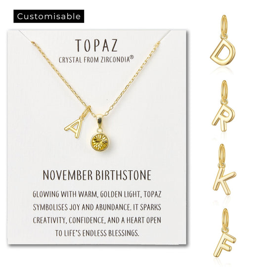 Customisable Gold Plated November (Topaz) Birthstone Necklace with Choice of Initial Charms (A - Z) - Philip Jones Jewellery