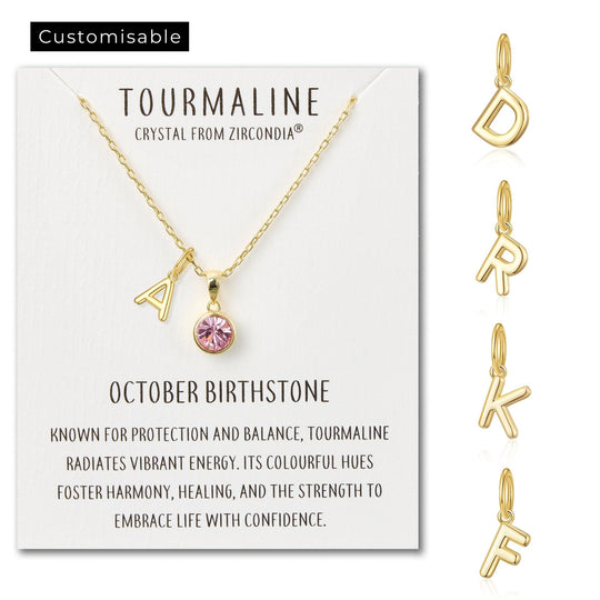 Customisable Gold Plated October (Tourmaline) Birthstone Necklace with Choice of Initial Charms (A - Z) - Philip Jones Jewellery