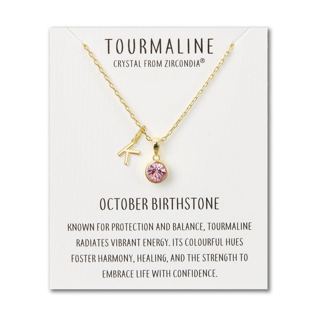 Customisable Gold Plated October (Tourmaline) Birthstone Necklace with Choice of Initial Charms (A - Z) - Philip Jones Jewellery