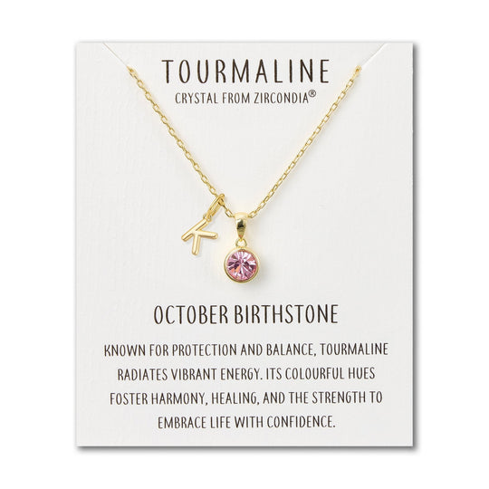 Customisable Gold Plated October (Tourmaline) Birthstone Necklace with Choice of Initial Charms (A - Z) - Philip Jones Jewellery