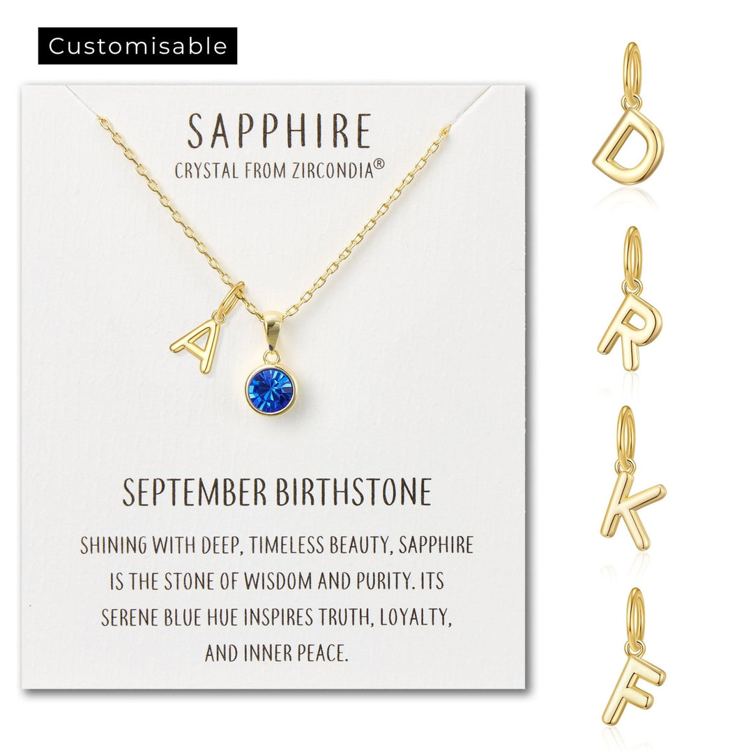 Customisable Gold Plated September (Sapphire) Birthstone Necklace with Choice of Initial Charms (A - Z) - Philip Jones Jewellery