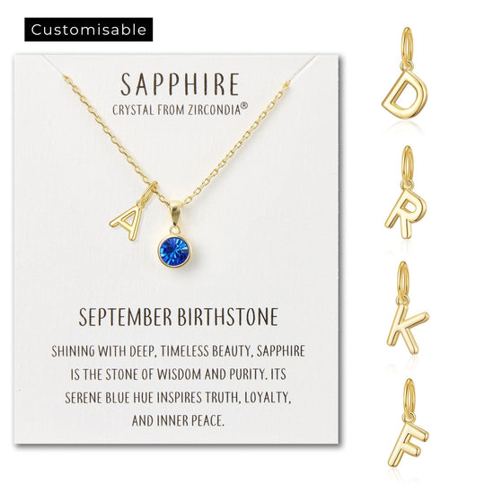 Customisable Gold Plated September (Sapphire) Birthstone Necklace with Choice of Initial Charms (A - Z) - Philip Jones Jewellery