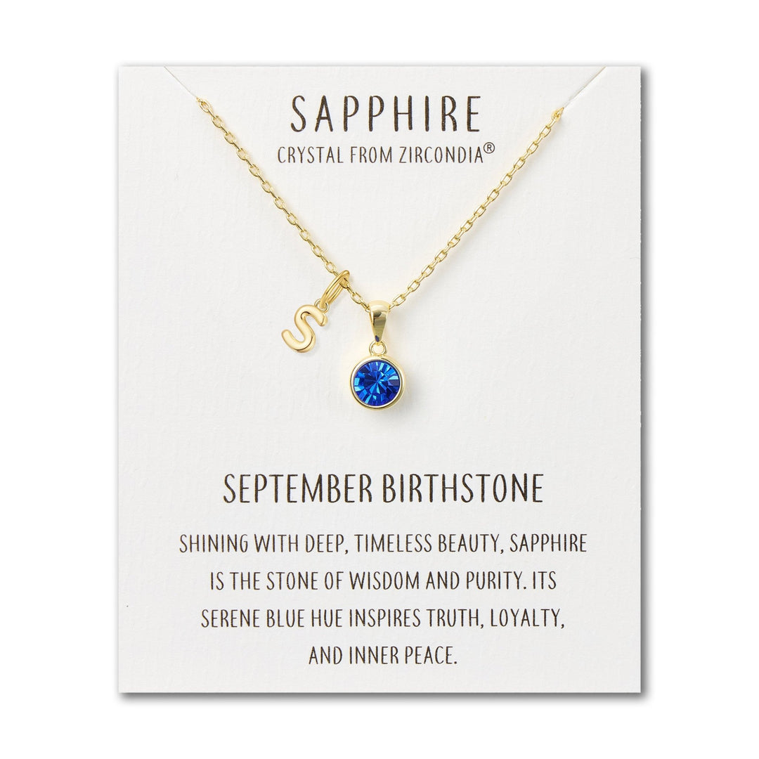 Customisable Gold Plated September (Sapphire) Birthstone Necklace with Choice of Initial Charms (A - Z) - Philip Jones Jewellery