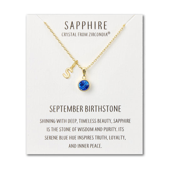 Customisable Gold Plated September (Sapphire) Birthstone Necklace with Choice of Initial Charms (A - Z) - Philip Jones Jewellery