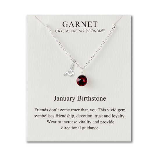 Customisable January (Garnet) Birthstone Necklace with Choice of Initial Charms (A - Z) - Philip Jones Jewellery
