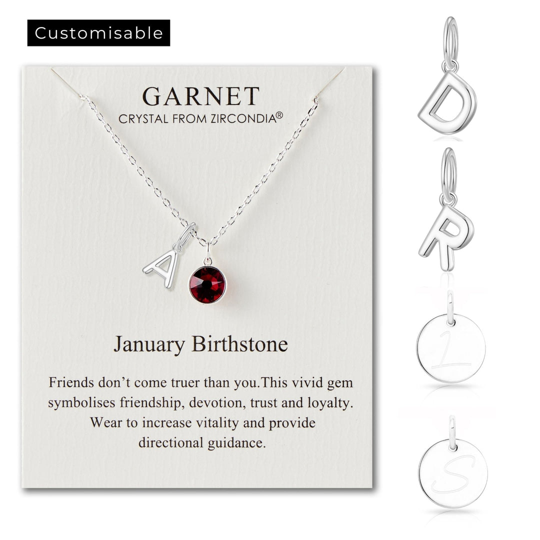 Customisable January (Garnet) Birthstone Necklace with Choice of Initial Charms (A - Z) - Philip Jones Jewellery