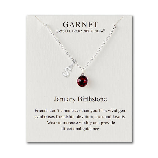 Customisable January (Garnet) Birthstone Necklace with Choice of Initial Charms (A - Z) - Philip Jones Jewellery