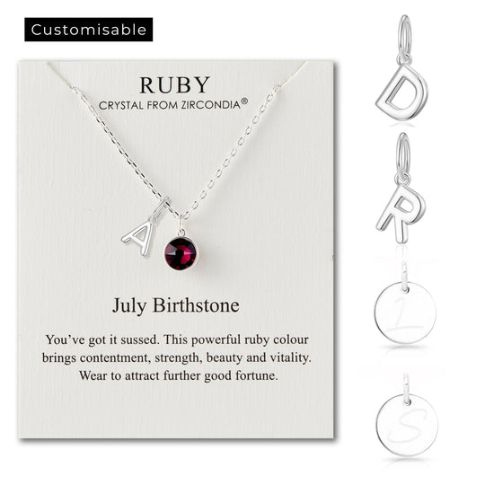 Customisable July (Ruby) Birthstone Necklace with Choice of Initial Charms (A - Z) - Philip Jones Jewellery