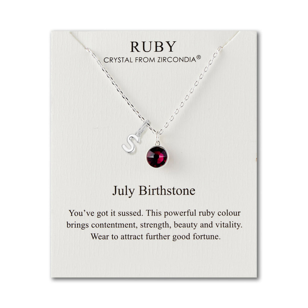 Customisable July (Ruby) Birthstone Necklace with Choice of Initial Charms (A - Z) - Philip Jones Jewellery