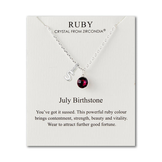 Customisable July (Ruby) Birthstone Necklace with Choice of Initial Charms (A - Z) - Philip Jones Jewellery