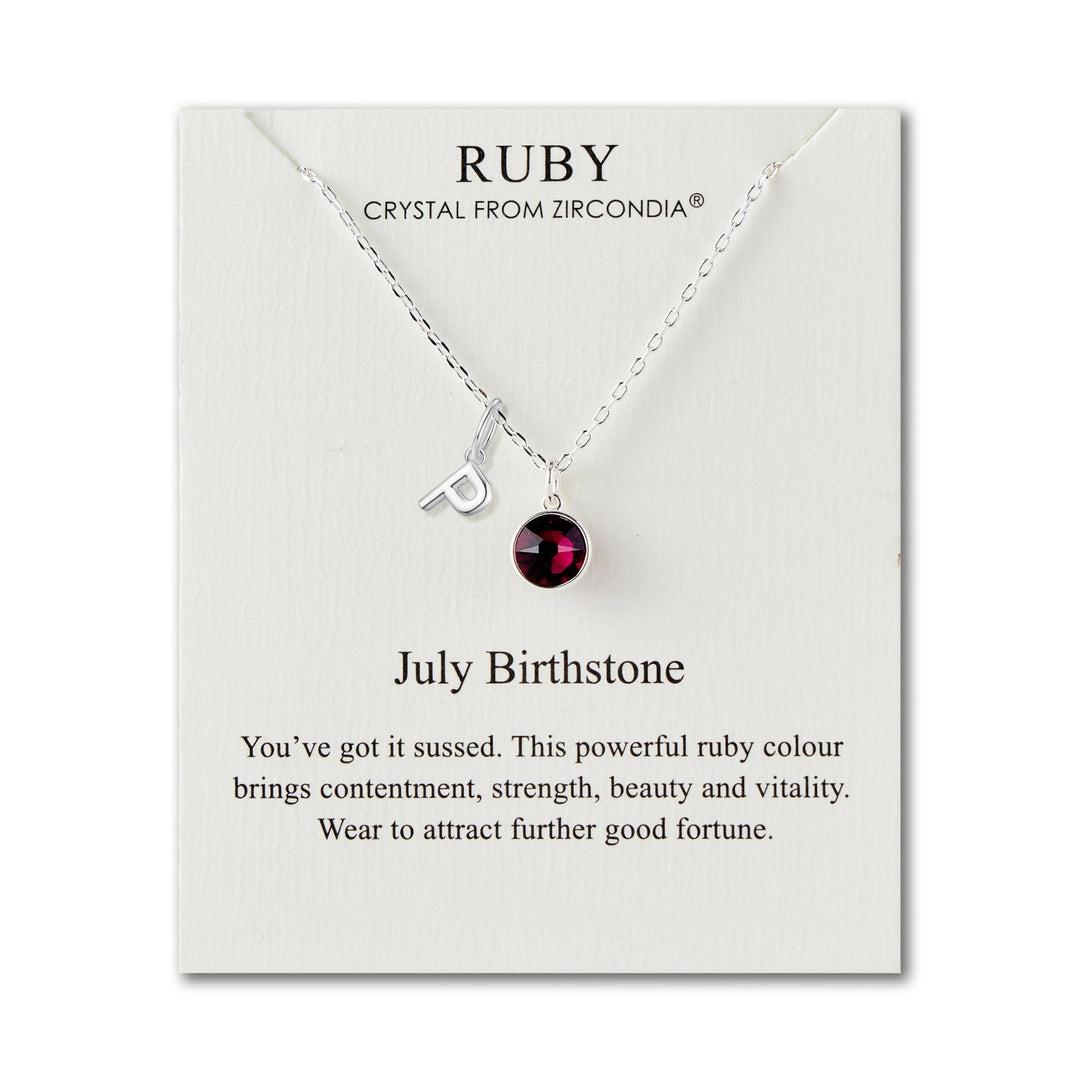 Customisable July (Ruby) Birthstone Necklace with Choice of Initial Charms (A - Z) - Philip Jones Jewellery