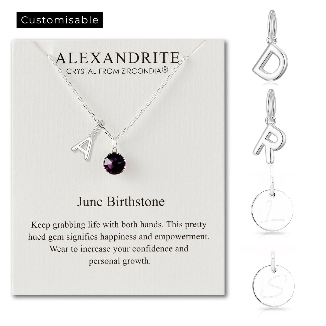 Customisable June (Alexandrite) Birthstone Necklace with Choice of Initial Charms (A - Z) - Philip Jones Jewellery