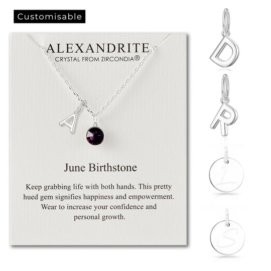 Customisable June (Alexandrite) Birthstone Necklace with Choice of Initial Charms (A - Z) - Philip Jones Jewellery