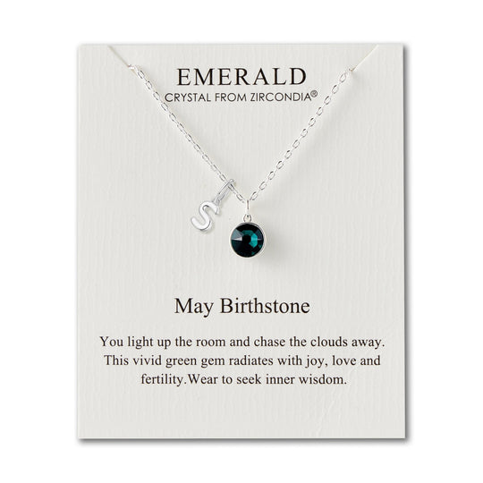 Customisable May (Emerald) Birthstone Necklace with Choice of Initial Charms (A - Z) - Philip Jones Jewellery