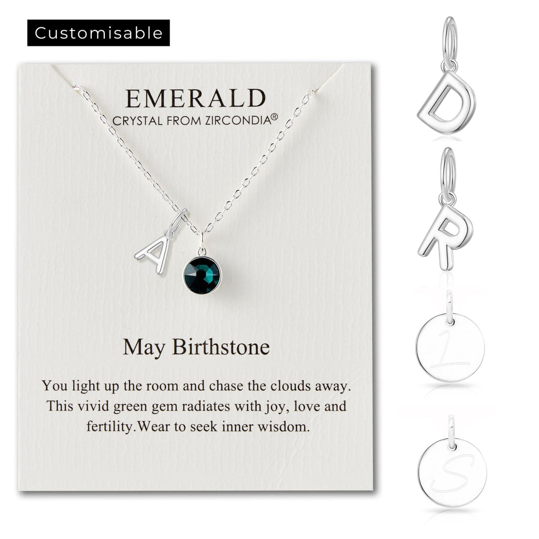 Customisable May (Emerald) Birthstone Necklace with Choice of Initial Charms (A - Z) - Philip Jones Jewellery