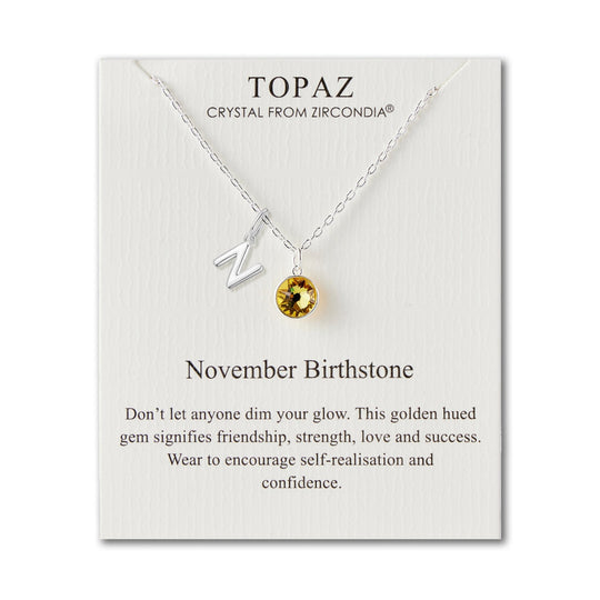 Customisable November (Topaz) Birthstone Necklace with Choice of Initial Charms (A - Z) - Philip Jones Jewellery