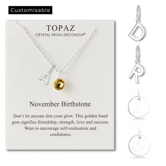 Customisable November (Topaz) Birthstone Necklace with Choice of Initial Charms (A - Z) - Philip Jones Jewellery