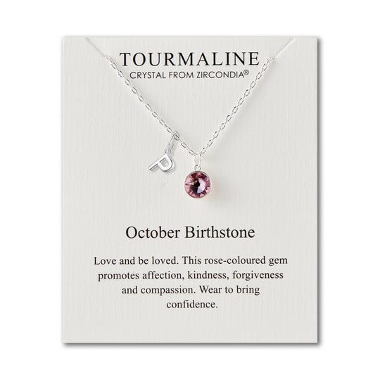Customisable October (Tourmaline) Birthstone Necklace with Choice of Initial Charms (A - Z) - Philip Jones Jewellery