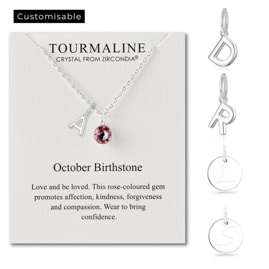 Customisable October (Tourmaline) Birthstone Necklace with Choice of Initial Charms (A - Z) - Philip Jones Jewellery