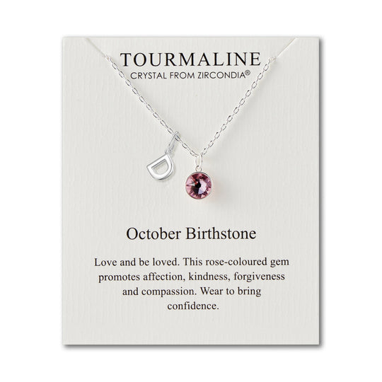Customisable October (Tourmaline) Birthstone Necklace with Choice of Initial Charms (A - Z) - Philip Jones Jewellery