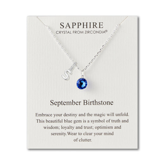 Customisable September (Sapphire) Birthstone Necklace with Choice of Initial Charms (A - Z) - Philip Jones Jewellery