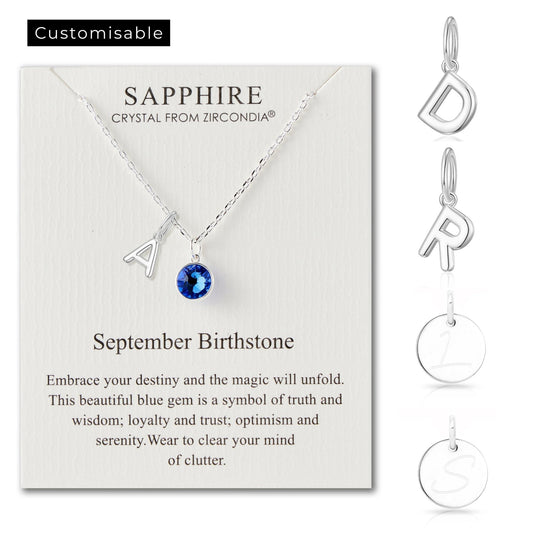 Customisable September (Sapphire) Birthstone Necklace with Choice of Initial Charms (A - Z) - Philip Jones Jewellery