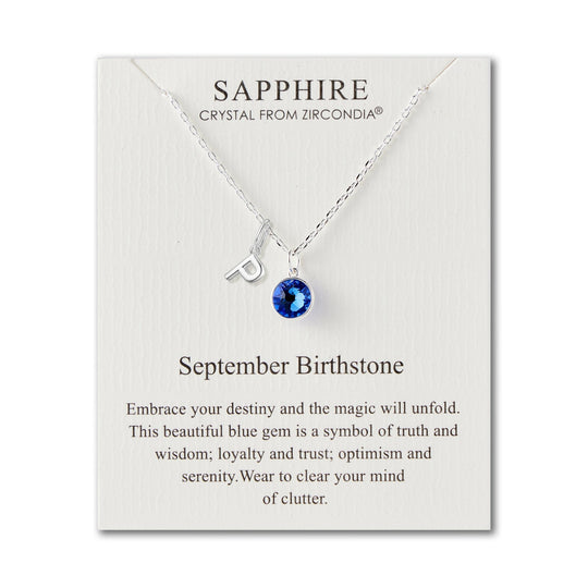 Customisable September (Sapphire) Birthstone Necklace with Choice of Initial Charms (A - Z) - Philip Jones Jewellery