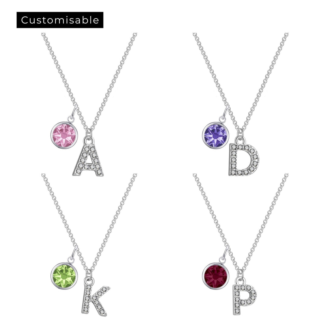 Customisable Silver Plated Pave Initial Necklace (A - Z) with Option of Birthstone Charm - Philip Jones Jewellery