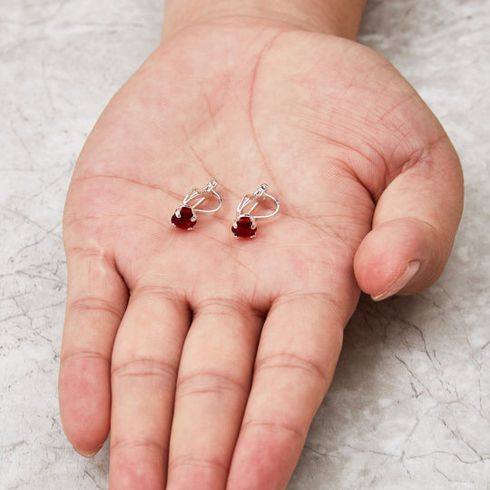 Dark Red Crystal Clip On Earrings Created with Zircondia® Crystals - Philip Jones Jewellery