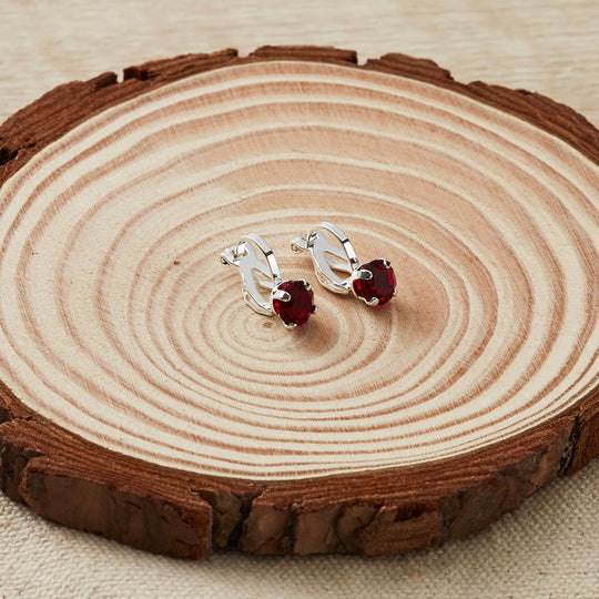 Dark Red Crystal Clip On Earrings Created with Zircondia® Crystals - Philip Jones Jewellery